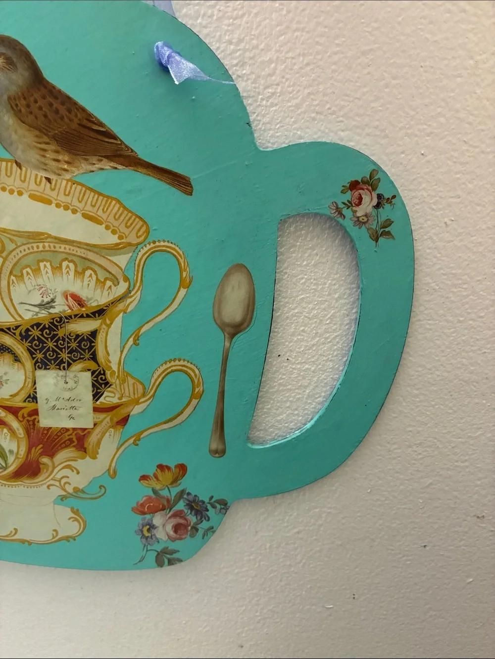 Turquoise Teapot Wood Wall Plaque with Vintage Tea Cup Illustration